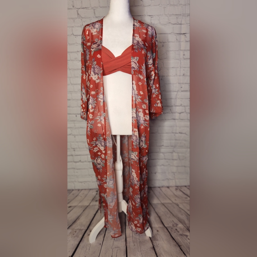 CUPSHE Women's Floral Sheer Kimono Mid Calf Length Cover Up